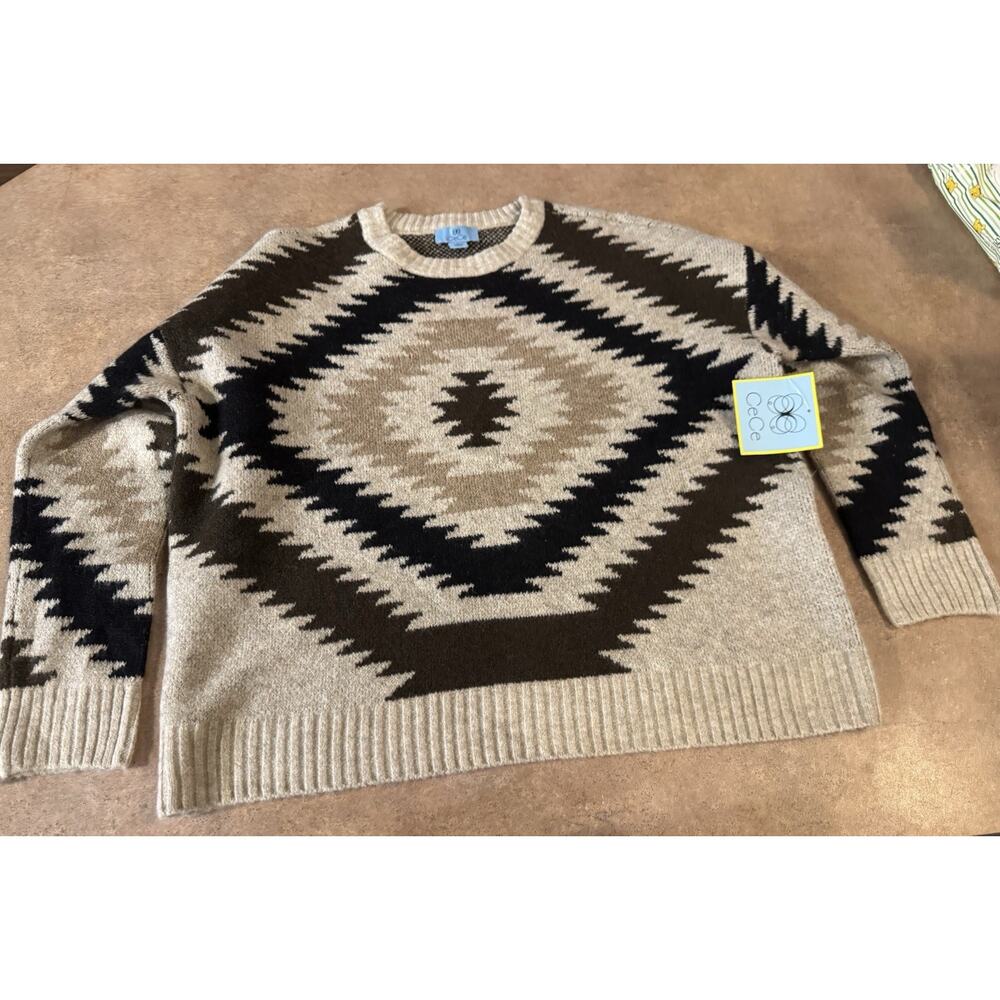 CeCe Women's Cozy Crewneck Aztec Long Sleeve Cream Black Sweater,Size Small NWT - Picture 3 of 9